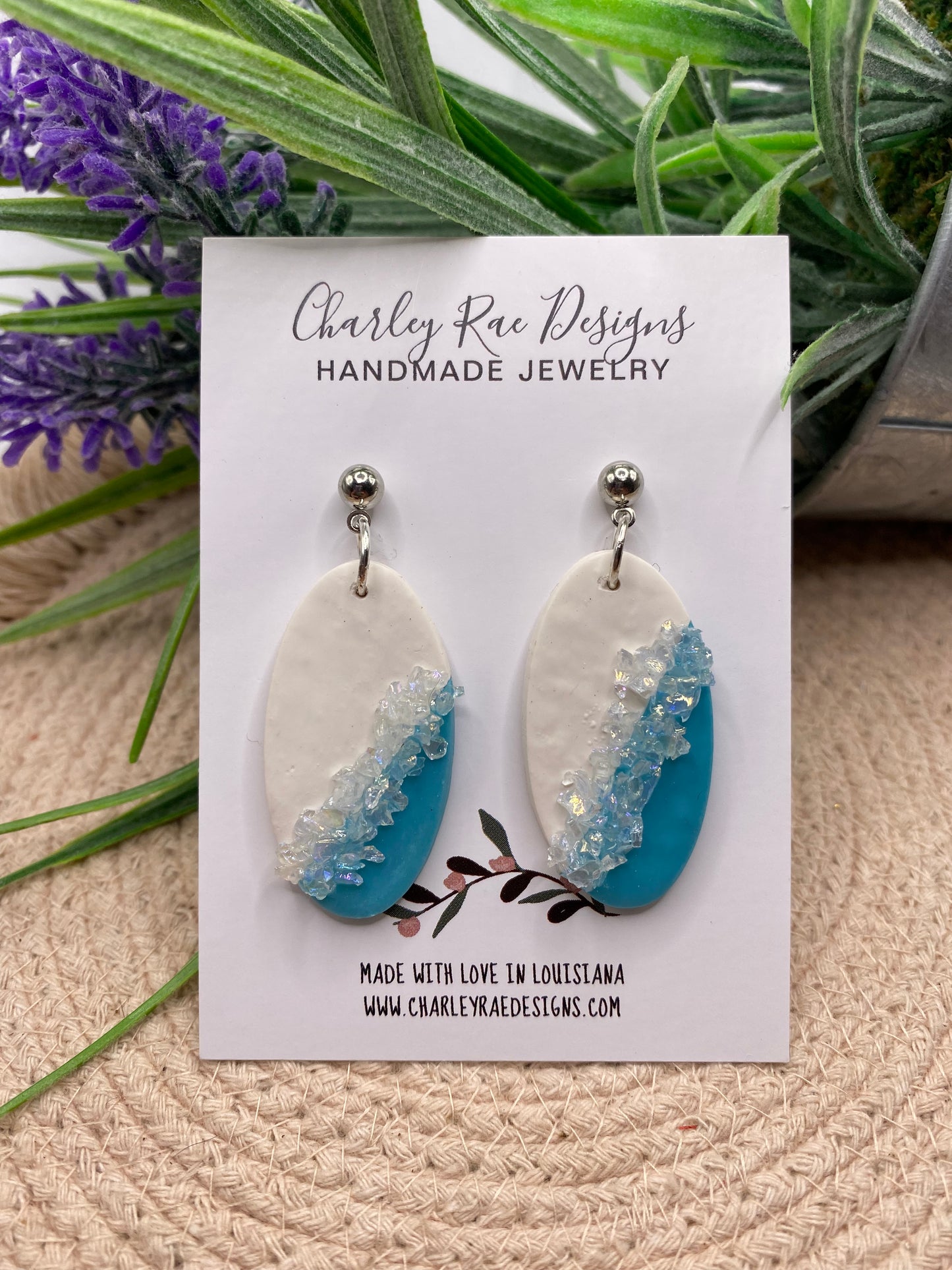 Geode inspired oval dangles-white and blue