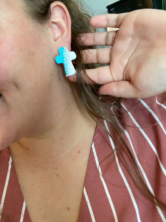 Geode inspired cross studs-Blue and white