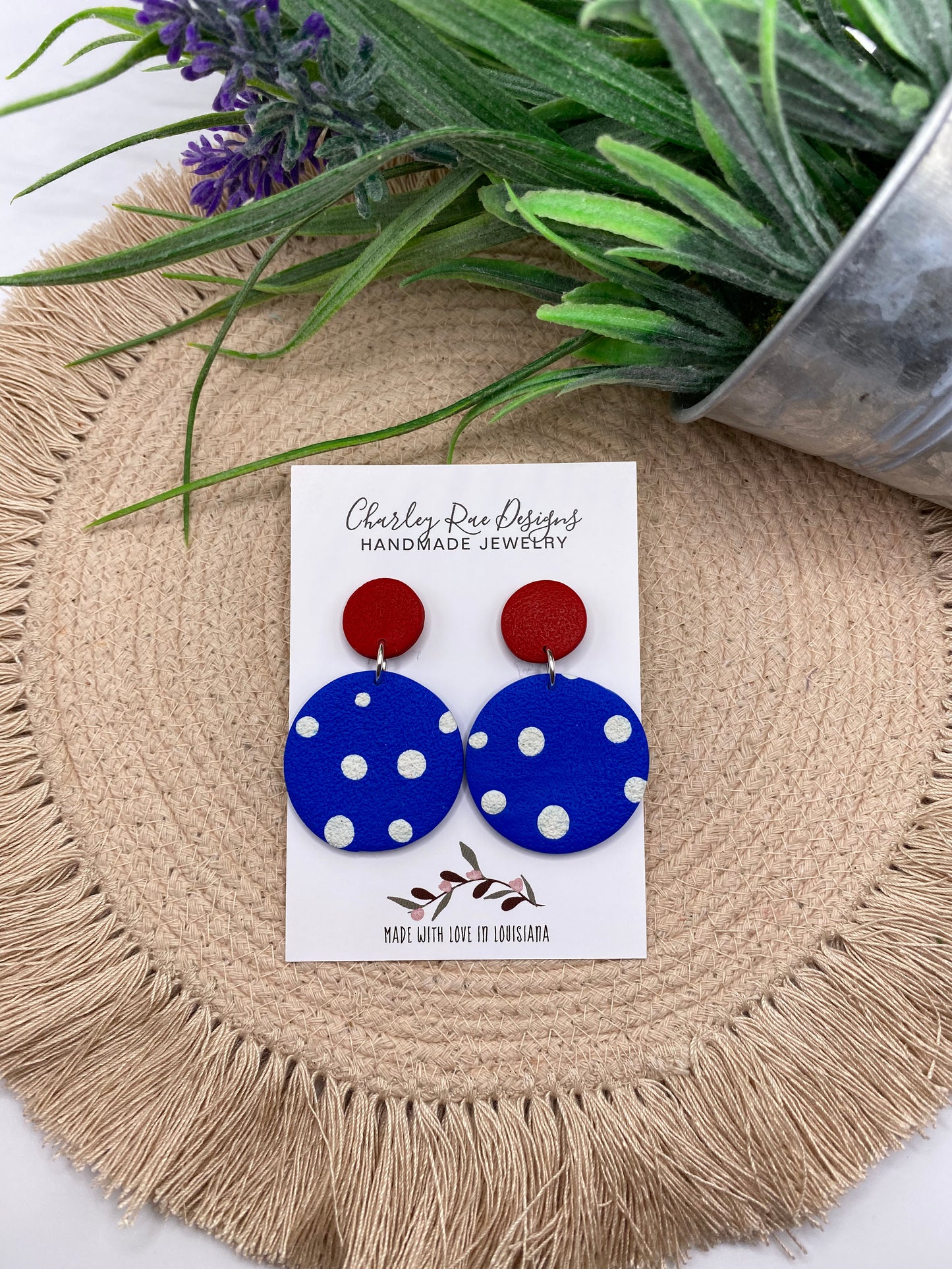 Spotted Circle Dangles-Blue and White