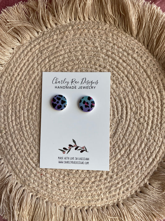 Rainbow cheetah studs-blue